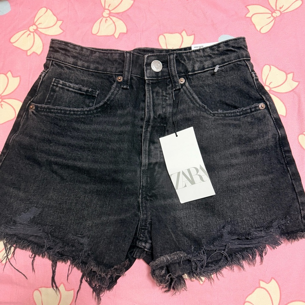 Zara Black Distressed High-Rise Denim Shorts